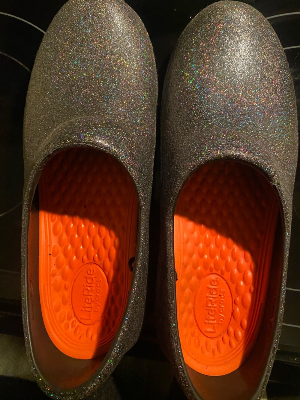 CROCS Glitter Slip-On Mules with Bright Orange Insole